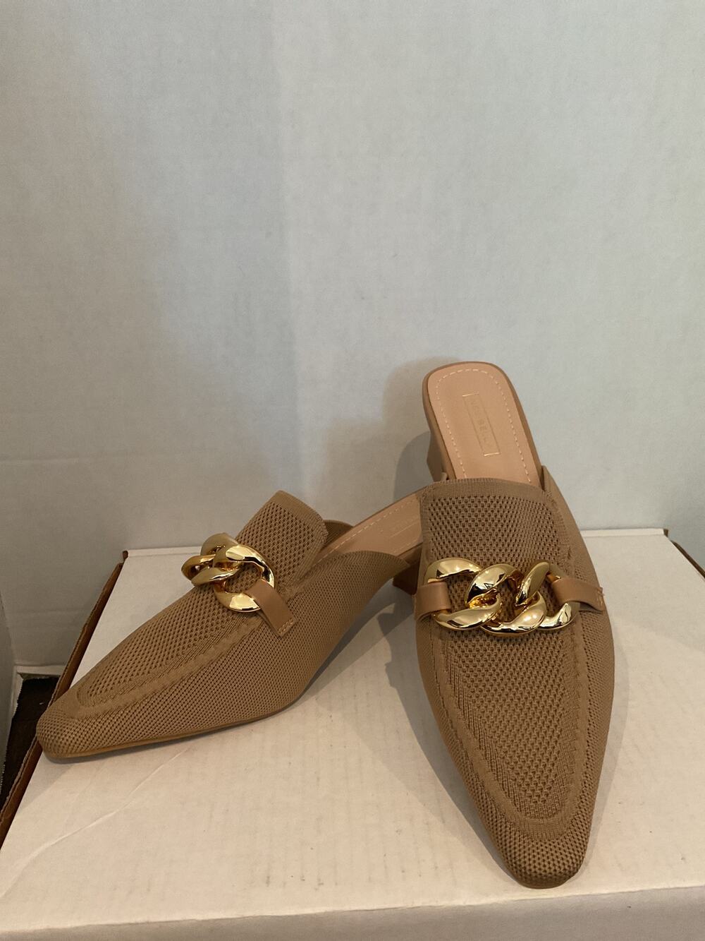 New Bella - Slip On Knit Mules w/ Gold Chain Detail & Sculpted Heel - Taupe - 10